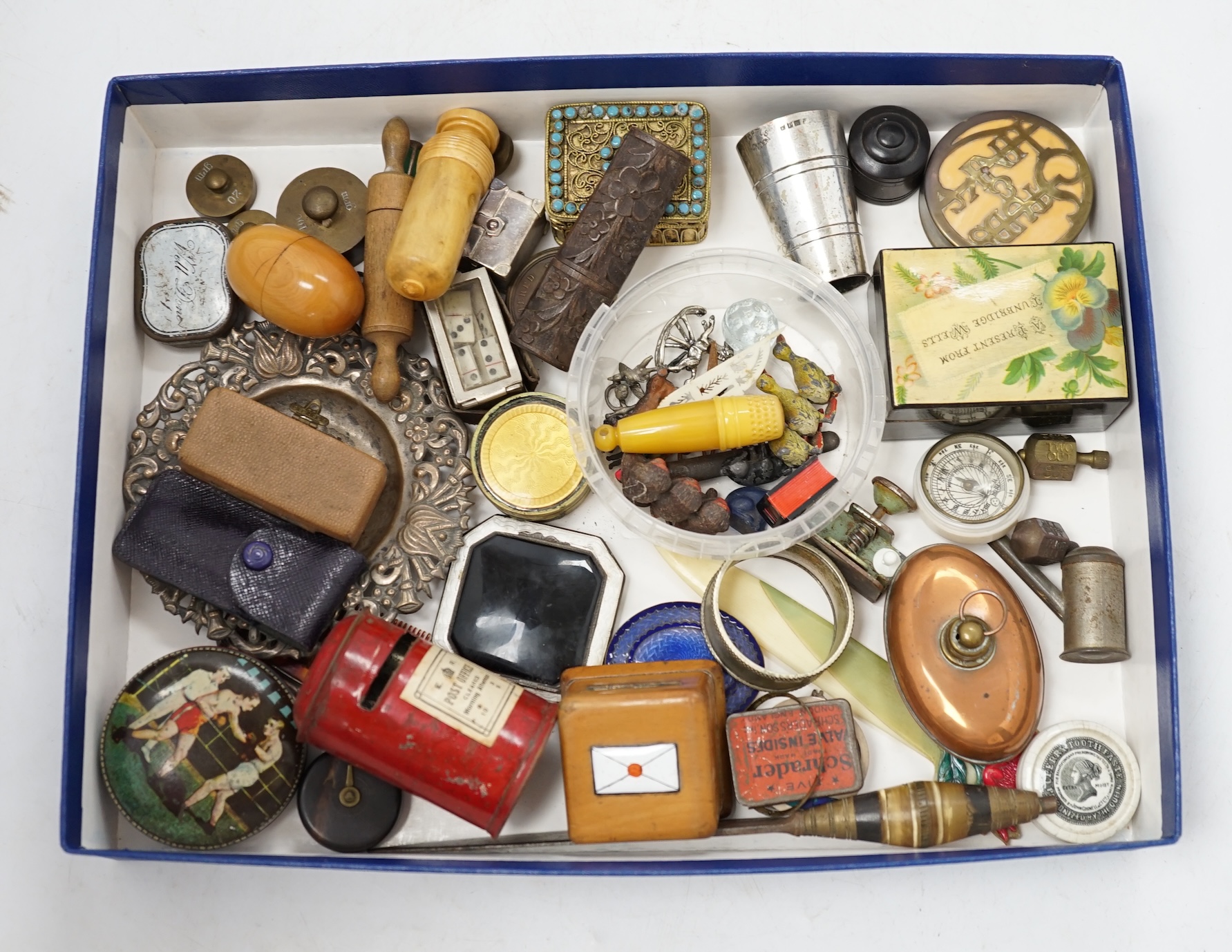 Mixed collectables to include enamel boxes, graduated weights, treen, a novelty post box money tin, etc. Condition - fair to good